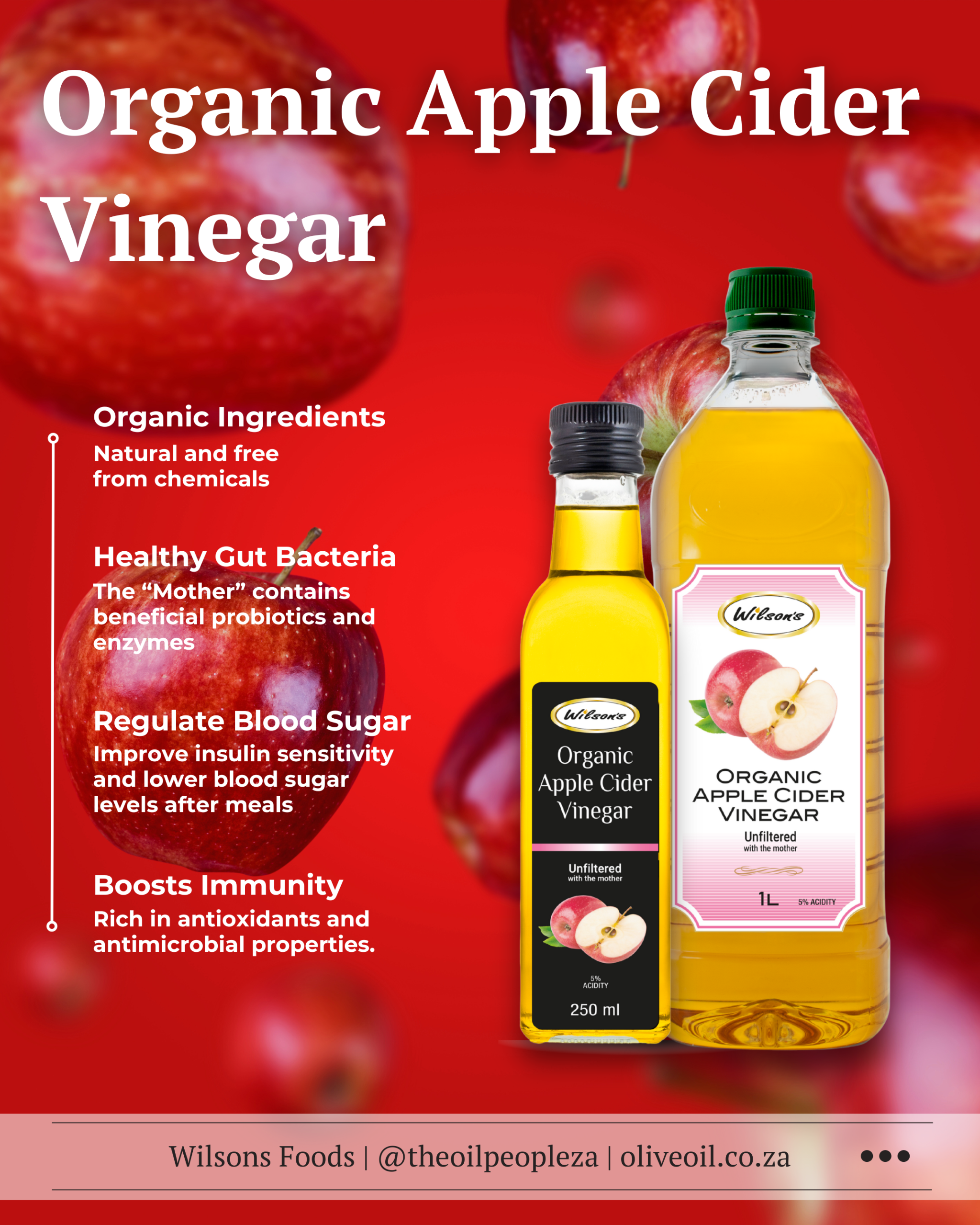Organic apple cider vinegar with the mother in a glass bottle with apples