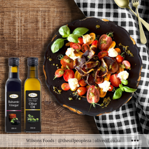 Biltong and caprese salad drizzled with olive oil and balsamic vinegar