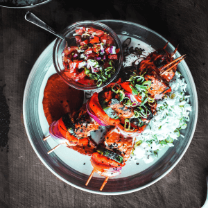 Turkish Kebabs with Tomato and Olive Salsa