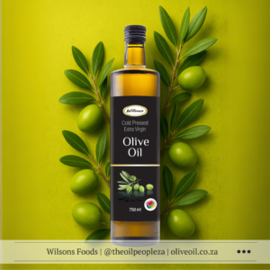 Wilson’s 750ml Extra Virgin Olive Oil bottle with fresh olives in the background
