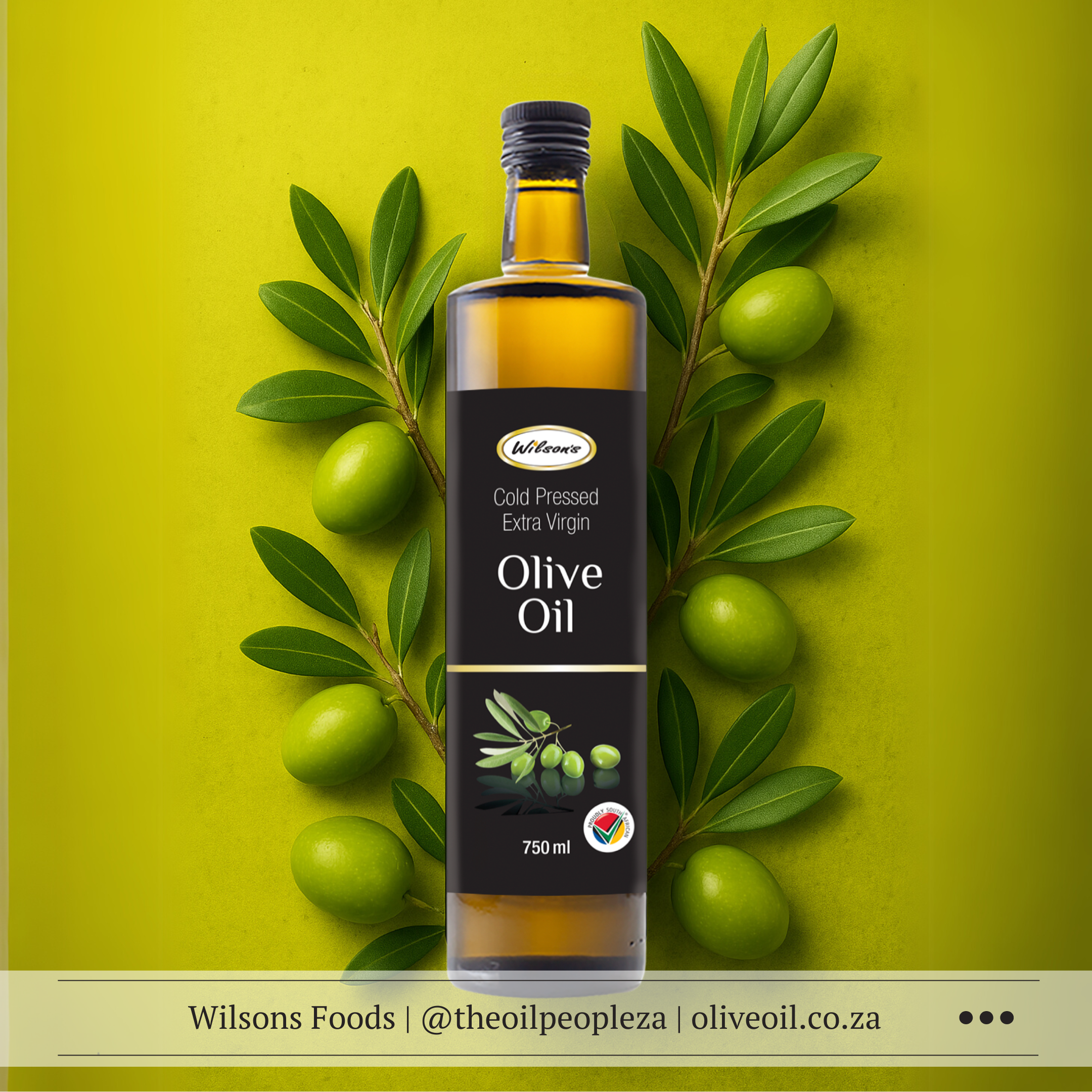 Wilson’s 750ml Extra Virgin Olive Oil bottle with fresh olives in the background